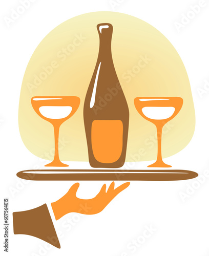 Bottle of a champagne and glasses on a tray.