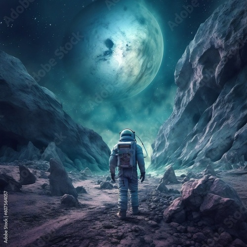 Astronaut exploring a planet while watching the another planet in the same galaxy. AI generated image. 