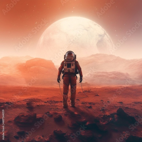 Astronaut exploring a planet looking like mars but looking at the moon in the horizon. AI generated image. 