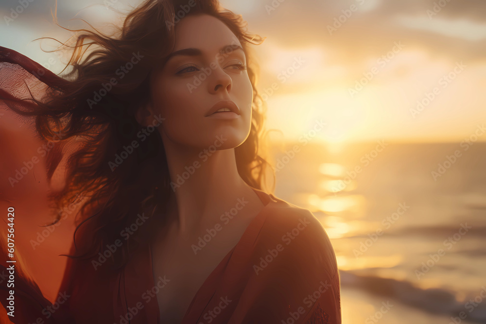 Woman with Long Flowing Hair Blissful and Embracing the Morning Sunrise (Generative AI) Woman with Long Flowing Hair Blissful and Embracing the Morning Sunrise (Generative AI)