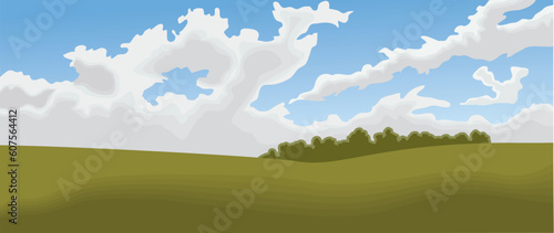 An impressionistic-style panoramic landscape of a field and cloud-filled sky.
