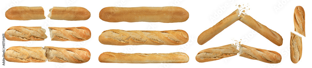 A large set of white long bread on a white isolated background. White bread baguette, broken in half. Photo to insert into a design or project.