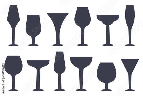 Set of silhouettes glass empty glasses isolated. Glassware of different forms for alcohol beverage and cocktail. Utensils for champagne, wine, Brandy, Whiskey, Cognac, Gin. Vector flat illustration