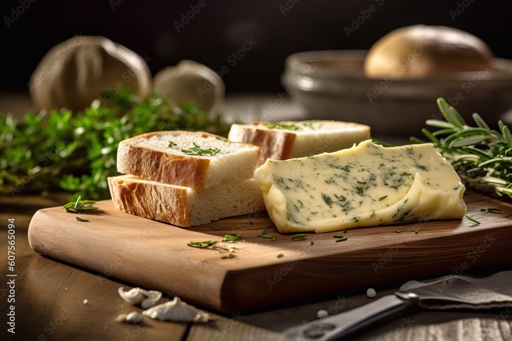 Homemade Trendy Butter Board with Herbs and Bread. Generative AI