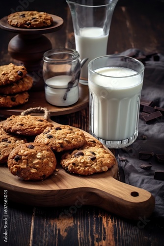 Healthy oat cookies with chocolate and bottle of milk on the concrete or stone table. Generative AI