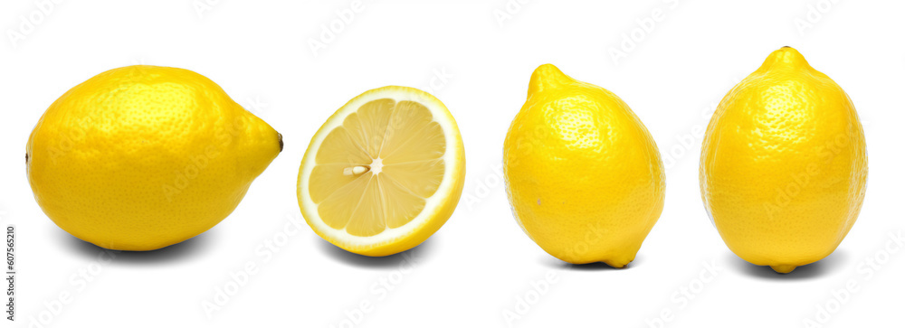 Lemon fruit, half and slice lemon isolated on transparent and white background, png