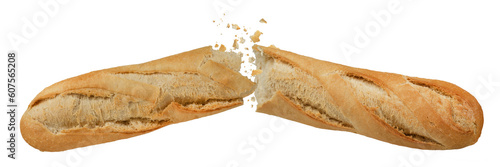 Loaf of long white bread isolated on white background. A loaf of crispy French baguette broken in half, crumbs flying in different directions. To be inserted into a design or project.