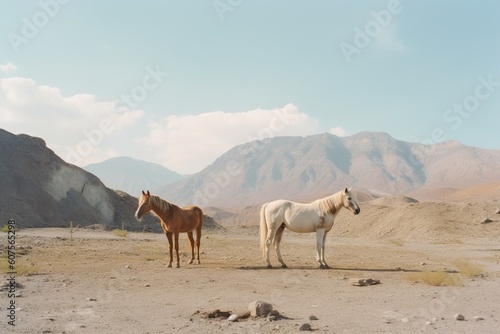 Portrait of horses standing against by mountain against sky. Generative AI
