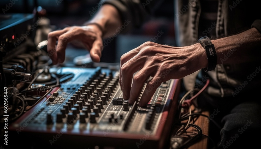 One man adjusting audio equipment in nightclub generated by AI One man adjusting audio equipment in nightclub generated by AI