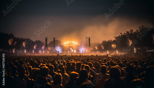 Backlit stage, smoke, crowd, illuminated night generated by AI