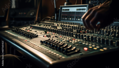 Expert sound engineer adjusts mixer knobs on stage generated by AI