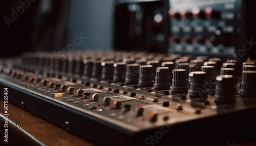 Sound engineer adjusting mixer knobs in recording studio generated by AI