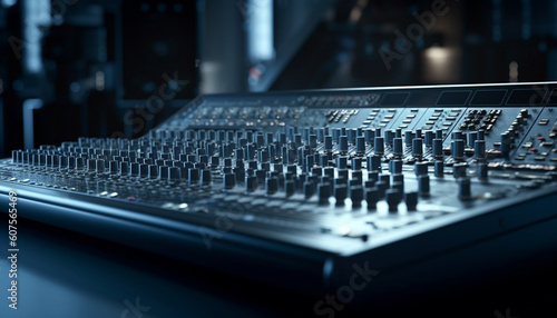 Sound engineer pushing knob on mixing desk generated by AI