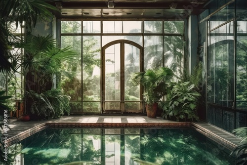 stock photo of swimming pool on the apartment forest view photography Generative AI © NikahGeh