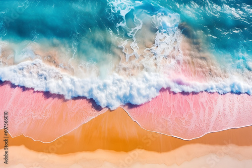 Aerial view from the top of foamy teal ocean beach and pink and orange sand 