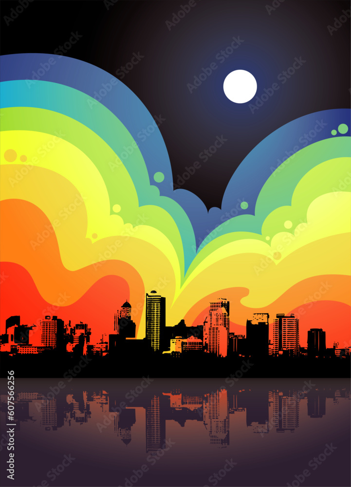 City with rainbow background vector illustration
