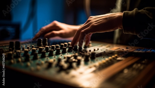Expert musician adjusting sound mixer in recording studio generated by AI