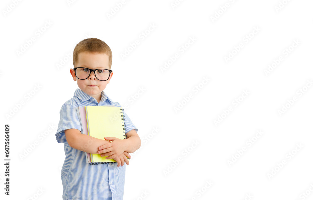 A serious child with notebooks in his hands, wearing glasses on a white background. An isolated little schoolboy, the boy is going to school, a serious student. Schoolboy in a blue shirt A serious child with notebooks in his hands, wearing glasses on a white background. An isolated little schoolboy, the boy is going to school, a serious student. Schoolboy in a blue shirt