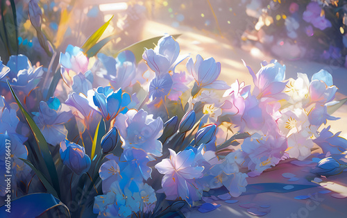 sparkles garden, oasi, in the style of floral art, dreamy pastel color palette, serene floral theme, beautiful sunlight and shadow, romanticism, prismatic, fantasy landscape, ai generated 