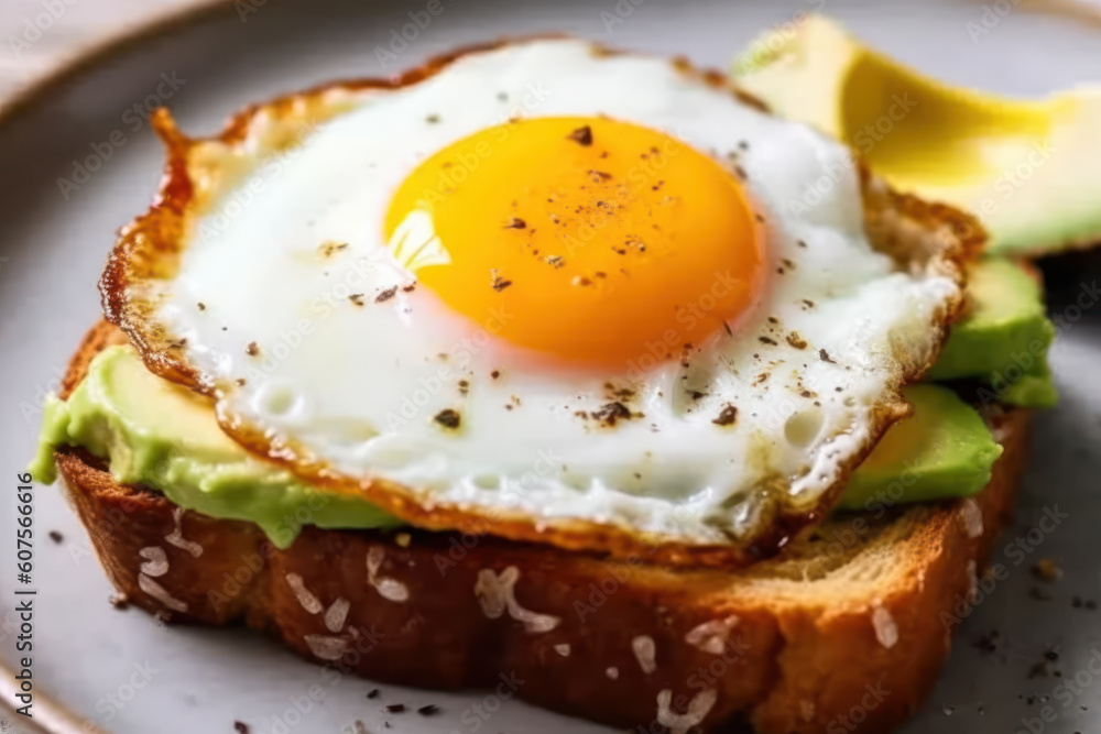 A piece of toast topped with slices of avocado, and on top of it a fried egg on top. AI A piece of toast topped with slices of avocado, and on top of it a fried egg on top. AI