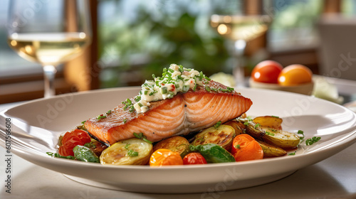 Golden seared salmon with roasted vegetables. A feast for the senses. Created with Generative AI