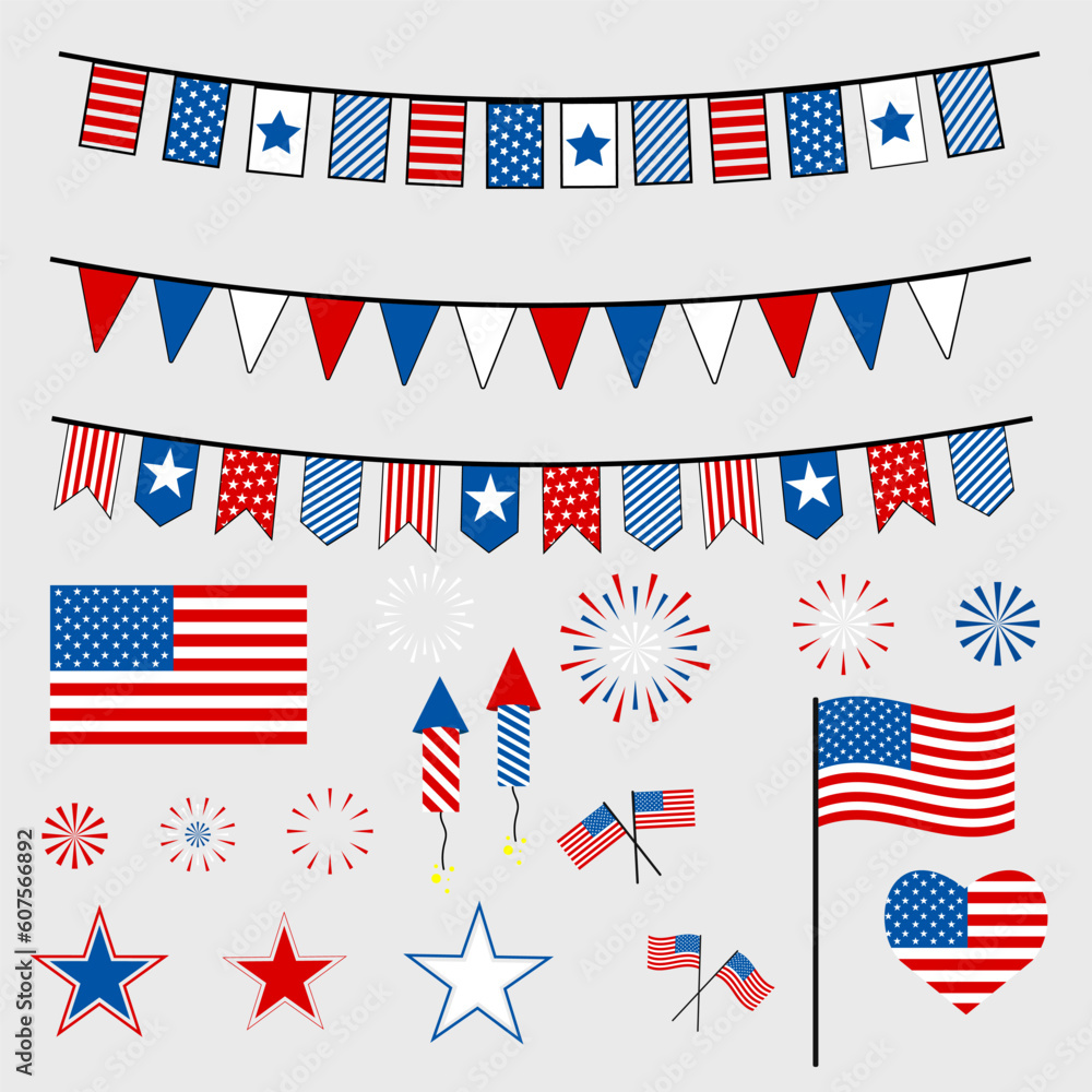 Obraz premium set, happy memorial day, typography, usa flag and commemorative elements, package design. USA flag, fireworks, flags, decorations and many other illustrations in one big set.