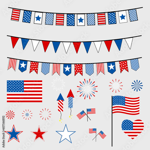 set, happy memorial day, typography, usa flag and commemorative elements, package design. USA flag, fireworks, flags, decorations and many other illustrations in one big set.