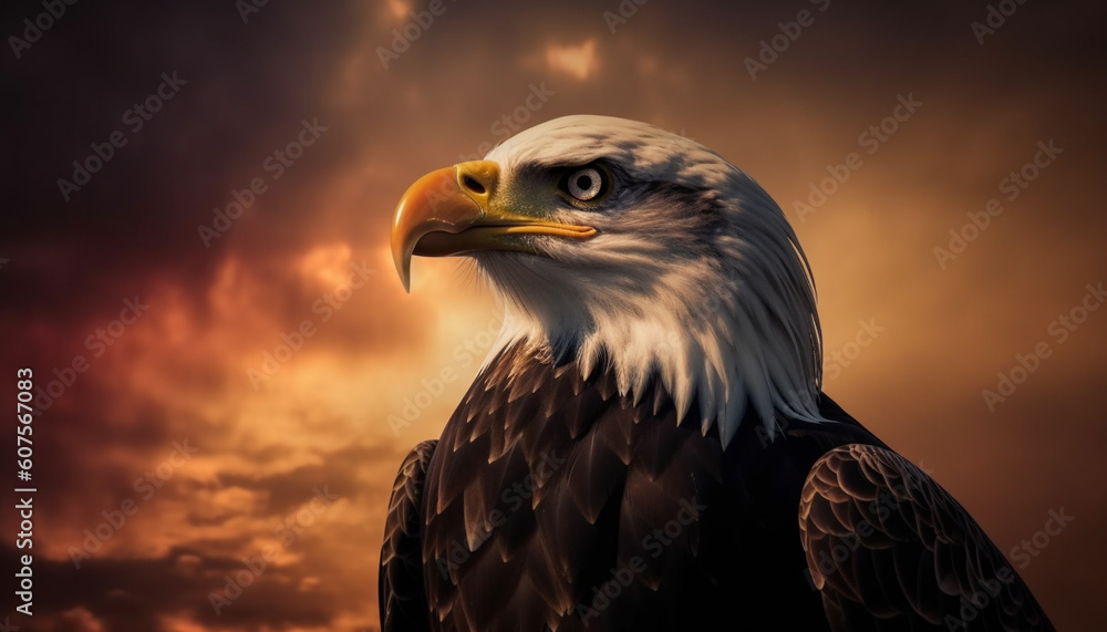 Fototapeta premium Majestic bird of prey soaring in sunset sky generated by AI