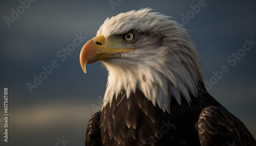 Majestic bald eagle perching, looking at camera generated by AI