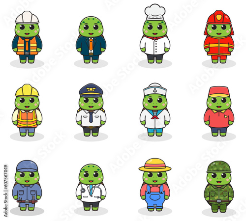 Vector set of cute Turtle with different professions. Cartoon cute Turtle dressed in different occupation uniform. Vector characters with jobs different occupation.