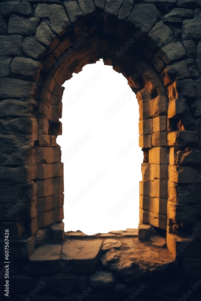 arched stone dungeon window. medieval window. Isolated PNG. Transparent background.