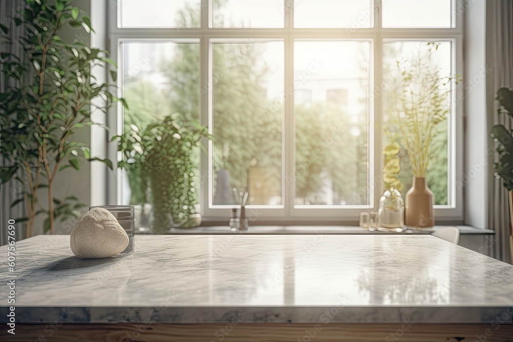 Background of a marble table with a home garden seen through a blurred window. Mockup banner area for a product display for online media advertising. Generative AI Background of a marble table with a home garden seen through a blurred window. Mockup banner area for a product display for online media advertising. Generative AI