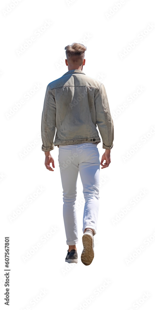 handsome blond man walking away. wearing white jean pants and