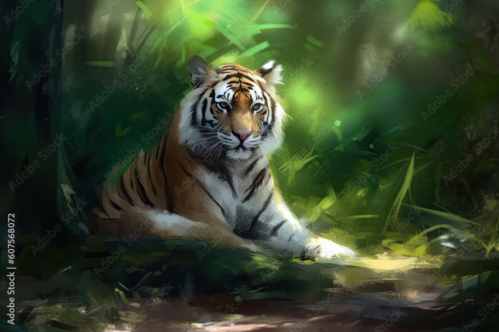 majestic tiger resting in the lush jungle Generative AI