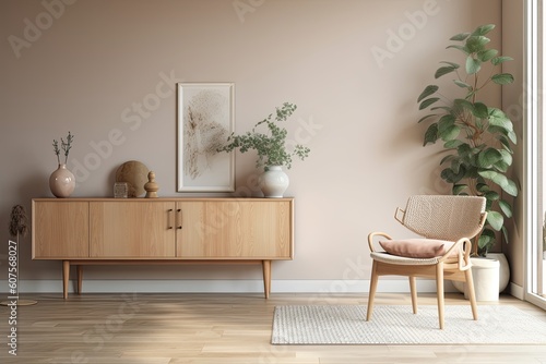 Background image of a room with a cabinet, plants, a chair, and a photo on the wall. Generative AI