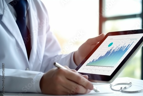 Male doctor using tablet computer in clinic, doctor with stethoscope on blurred hospital background. student education, CPR, 911 life save, physician make cardiac physical, pulse 