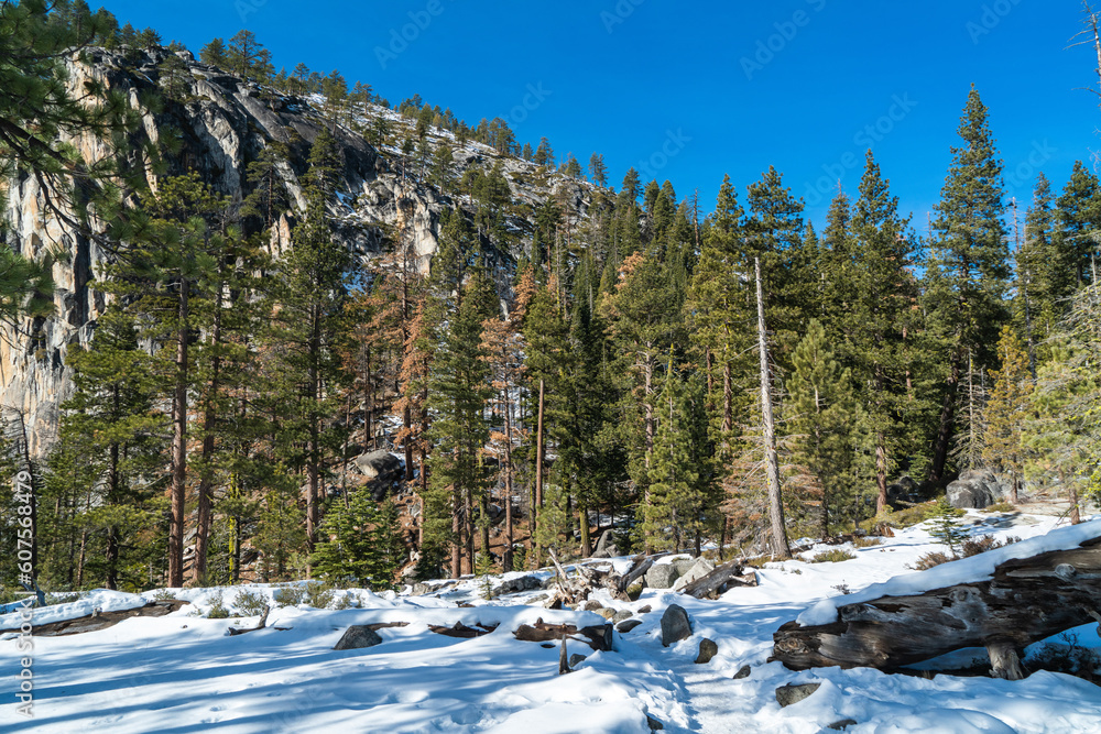 Snow covering the trail on the Upper Yosemite Falls Trail