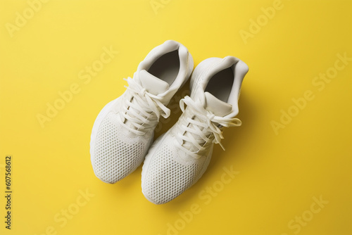 White sneaker shoe on yellow isolated background.Close up view.Copy and text space.Created with generative ai