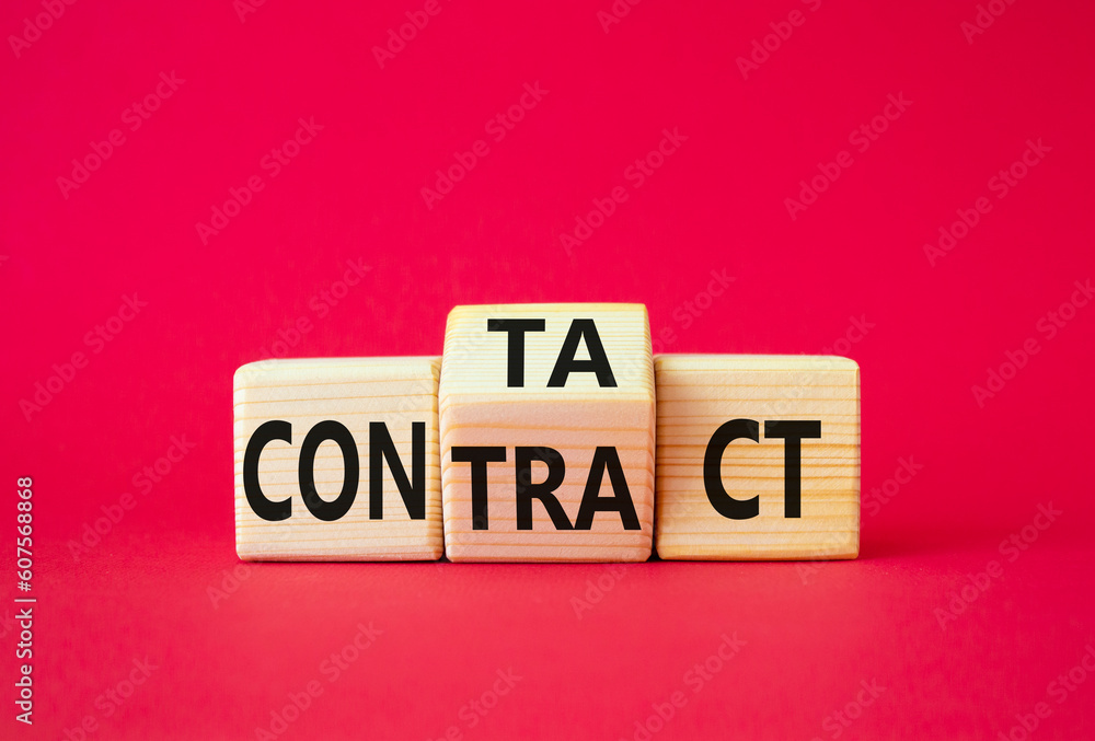 Contact and Contract symbol. Wooden cubes with words Contract and Contact. Beautiful red background. Contact and Contract and business concept. Copy space Contact and Contract symbol. Wooden cubes with words Contract and Contact. Beautiful red background. Contact and Contract and business concept. Copy space