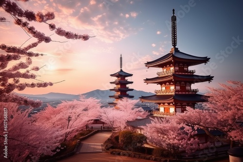 Serenity Amidst Blooming Beauty  Japanese Temple Adorned with Pink Cherry Blossom Trees