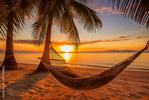 hammock at the beach during sunset, generative ai illustration © Claudia Nass