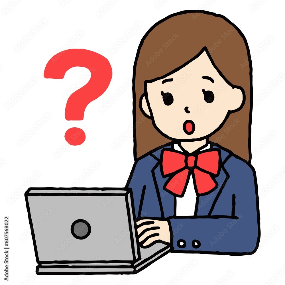 パソコン学習をする女子高生が疑問を抱いている