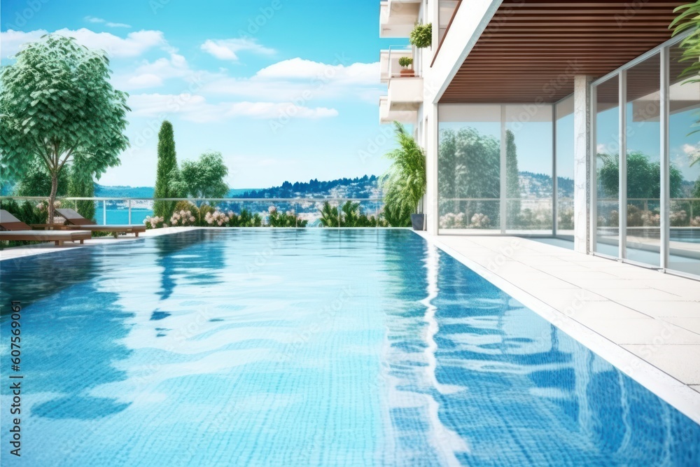 stock photo of swimming pool on the apartment lake view photography Generative AI