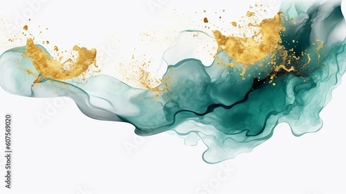 turquoise and gold marble background. Invitation, postcard background, banner. Abstract colorful flow Liquid image on white background.Generaive AI