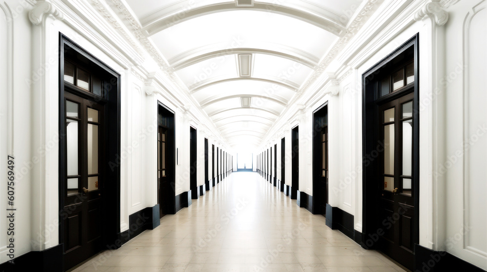 A white corridor, long, symmetrical, and lined with identical Black doors. A harmony of abstract and architectural style emerges, boldly timeless. Generative AI
A white corridor, long, symmetrical, and lined with identical Black doors. A harmony of abstract and architectural style emerges, boldly timeless. Generative AI