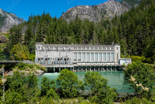 Wide view of Gorge hydroelectric power plant Newhalem Washington