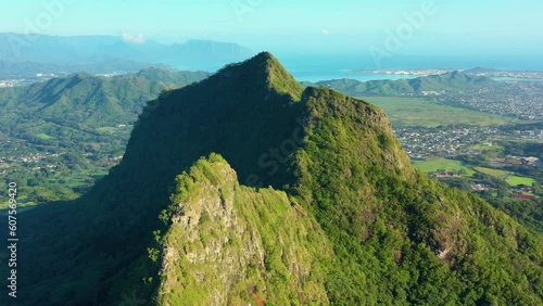 Aerial view of Mt Olomana and Kailua Town, Windward Oahu, Hawaii, United States. photo