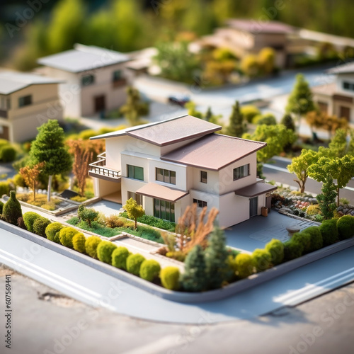 Miniature model of contemporary villa neighborhood with tilt-shift focus, generative AI
