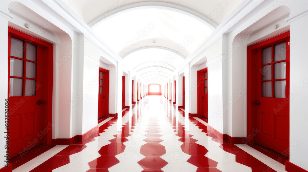 A white corridor, long, symmetrical, and lined with identical red doors. A harmony of abstract and architectural style emerges, boldly timeless. Generative AI