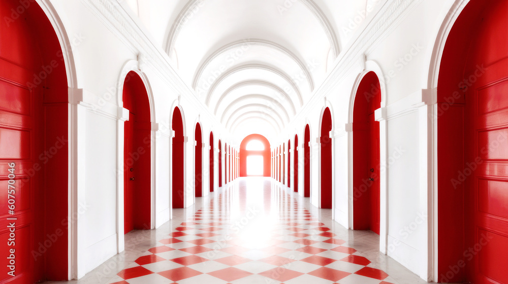 Fototapeta premium A white corridor, long, symmetrical, and lined with identical red doors. A harmony of abstract and architectural style emerges, boldly timeless. Generative AI